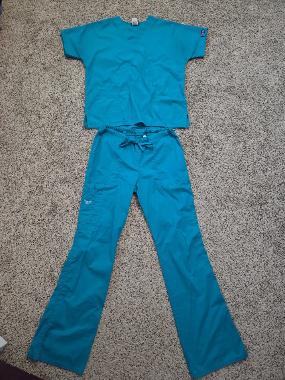 Cherokee Workwear Teal Scrub Set Top Medium, Pants Small Tall S/T 2 Piece